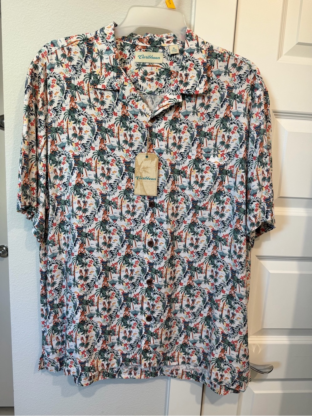 Caribbean White Short Sleeve Tropical Print Button-Down Shirt